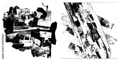 Stylized cityscape fragments with halftone texture, urban decay motif, fragmented architecture, graphic composition, black and white vector art.