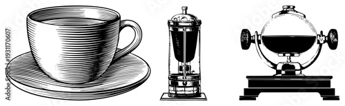 Classic tea cup on saucer, French press coffee maker, glass thermos flask, retro art, black and white vector illustration, vintage kitchenware.