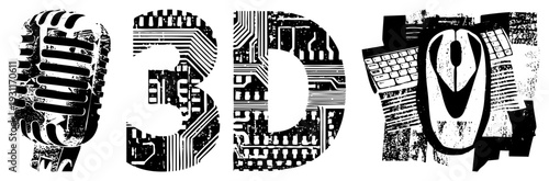 Bold black and white typography spelling "3D" with tech textures, vintage mic, keyboard, mouse, circuit, grunge aesthetic, digital design.
