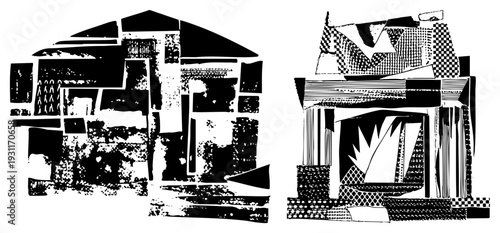 Stylized architectural forms using fragmented blocks, halftone, and stark contrasts. Graphic urban structures, abstract cityscape, modernist composition, vector art.