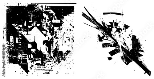 Distorted cityscape ruins, broken buildings, decayed architecture, glitch art, halftone texture, urban fragmentation, graphic vector design.