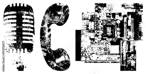 Grungy black and white vector of a retro microphone, telephone handset, and computer motherboard, all rendered in high contrast halftone style with distressed textures.