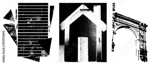 Geometric building elements rendered in halftone dot, architectural, structural motifs, vector art, graphic design elements, urban forms, isolated shapes.