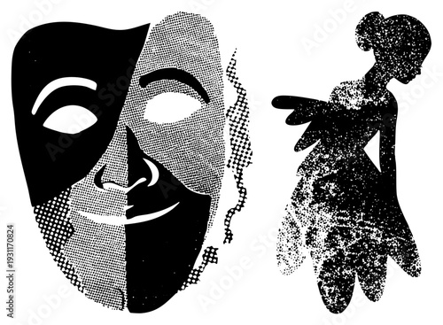 Black and white halftone graphic of theater mask and fairy silhouette, stylized vector art, dramatic contrast, artistic expression, stage performance, design.