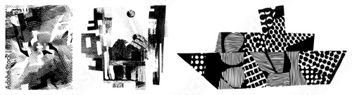 Fragmented abstract composition using halftone textures, geometric blocks, and bold contrasts, ideal for graphic design, print, or digital art backgrounds.