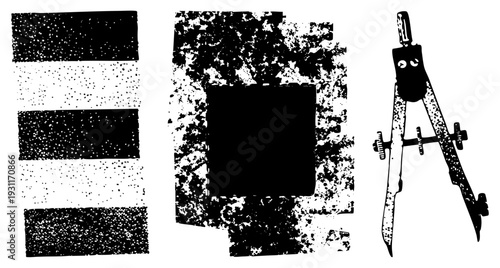 Retro halftone rectangles and square with distressed texture, drafting compass tool, vector illustration, geometric design elements, technical drawing equipment.