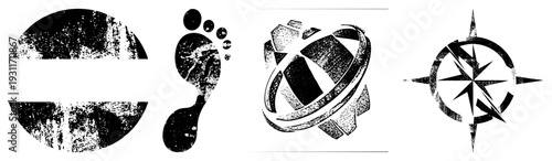 Vector featuring distressed textures footprint symbolizing travel, globe for global reach, compass for navigation. All rendered in, halftone style with gritty texture.