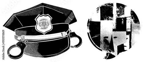 Law enforcement headwear with emblem, restraint device, officer gear, public safety symbol, black and white halftone art.