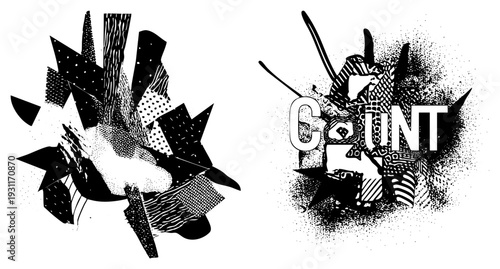 Dynamic black and white graphic with fragmented, halftone textures, and bold typography, ideal for modern design, posters, or layouts.