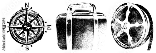 Nautical compass rose, retro travel suitcase, film reel spool, halftone style, travel and symbols, isolated vector graphics.