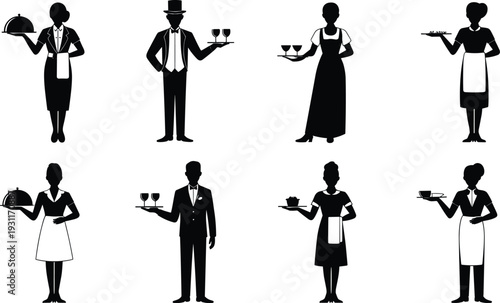 Waiter and waitress silhouettes collection with trays drinks and covered dishes restaurant hospitality service staff vector illustration