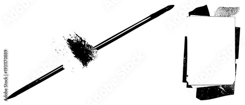Painter’s brush splashing ink onto blank, art creation tool, illustration brush, creative, graphic design element.
