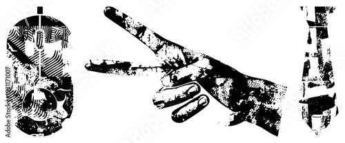 Graphic symbols rendered in halftone dot, isolated vector, hand pointing, necktie, remote, minimalist design, black and white illustration.