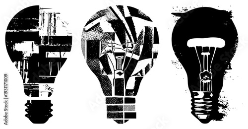 Graphic vector light bulbs with glitch, halftone, and spray paint textures, conceptual design, symbols, creative ideation, black and white illustration.