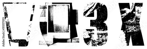 Bold, fragmented letters V, O, 3, X with distressed textures, halftone dots, glitch effects, vector typography, abstract design.