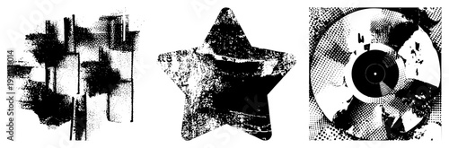 Distressed star graphic, urban silhouette, vinyl record fragment all rendered in gritty halftone style, ideal for retro design or album art.