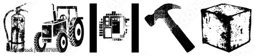 Fire extinguisher, tractor, building, hammer, cube stylized tools and objects rendered in halftone vector, isolated graphic elements for design use.