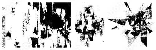 High contrast abstract composition featuring dripping textures, fragmented forms, and sharp angular shapes, rendered in for graphic design or digital art applications.