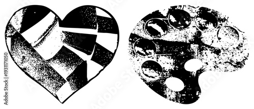 Fragmented heart symbolizing emotional loss, painter’s palette with paint wells, vector art, distressed texture, creative expression, art supplies, symbolic illustration.