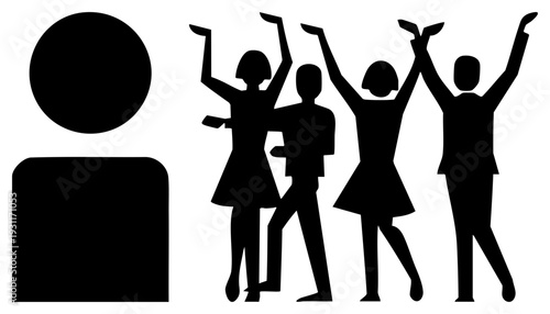 Joyful people dancing in silhouette, celebration figures, party crowd, festive group, black, human shapes, event.