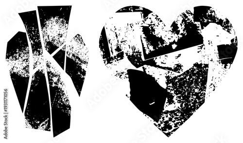 Broken heart and hand silhouette with grunge texture, vector graphic, isolated elements, distressed, symbolic art, emotional design, aesthetic.