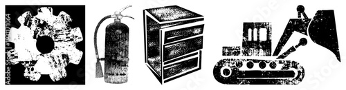 Set of four industrial vector gear, fire extinguisher, filing cabinet, excavator, all with halftone texture and distressed style. Tools for machinery, safety, office, and construction.