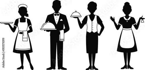 Waiter and waitress silhouettes set, restaurant staff holding tray and cloche, hospitality service uniform black vector illustration collection