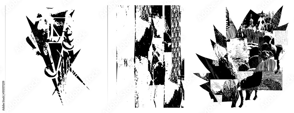 Obraz premium High contrast graphic art composed of jagged fragments, halftone textures, and layered silhouettes, evoking urban decay or digital glitch aesthetics.