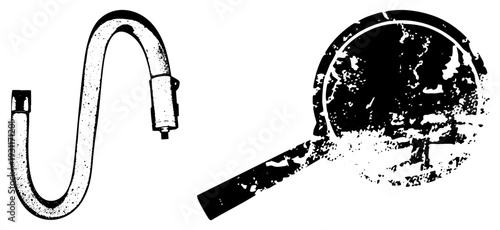 Black and white halftone graphic of magnifying glass with distressed texture and U shaped tube, isolated vector art, glyph style design for UI or print.