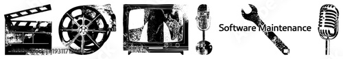 Clapperboard, film reel, retro TV, microphone, wrench, and text "Software Maintenance" classic equipment with repair symbol, black and white textured vector.