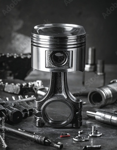 A piston surrounded by tools and parts on a table