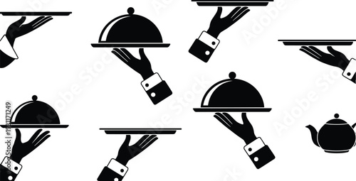 Waiter hand holding serving tray with cloche, restaurant service icons black silhouette vector illustration set