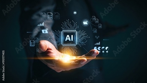 Obraz na płótnie Artificial intelligence platform displayed on transparent tablet,neural network data visualization above hand,advanced digital transformation and analytics concept