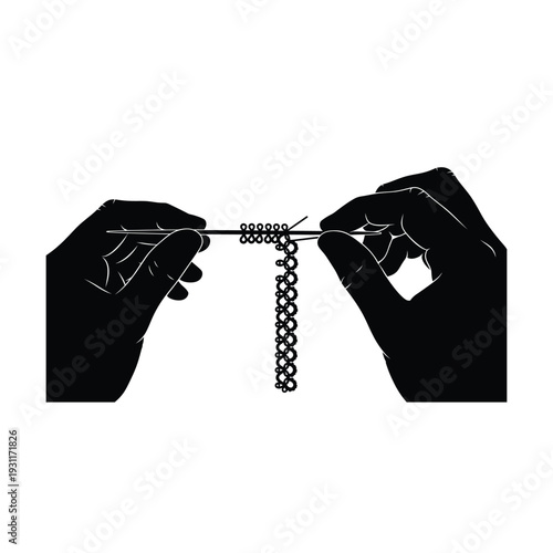 Hands crafting chain with beads on metal rod