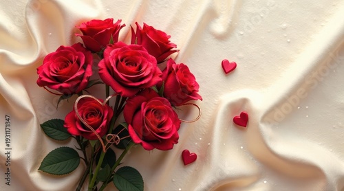 A Romantic Bouquet of Crimson Roses Adorned with Delicate Gold Accents Resting on Soft Cream Fabric, Enhanced with Scattered Small Hearts