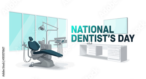 Illustration of a dental clinic chair and equipment on National Dentist's Day with a clean design aesthetic and calming blue tones.