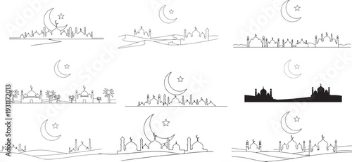 Set of vintage vector ship and city silhouette icons for nautical transportation design