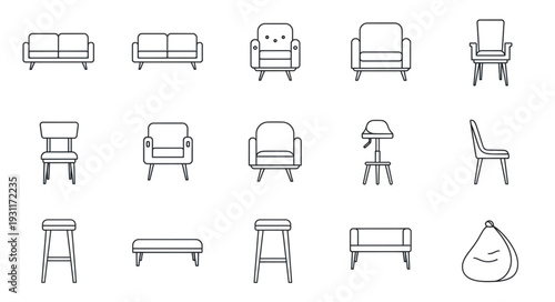 Collection of minimalist furniture icons in a line art style.