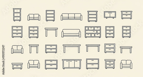 Collection of Line Art Furniture Icons for Interior Design.