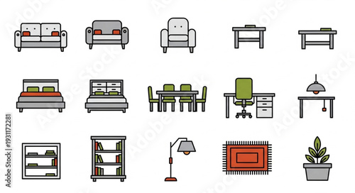 Collection of modern furniture icons for interior design.