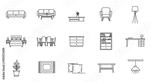 Collection of simple line art furniture and home decor items.
