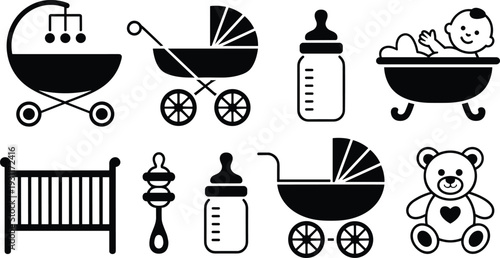 Baby care and nursery icons set with stroller crib bottle pacifier bathtub teddy bear silhouette vector illustration