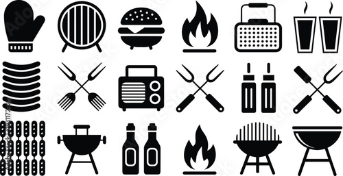 Barbecue grill icon collection, BBQ food and cooking tools silhouette set with burger, sausages, fire flame, radio, drinks and utensils symbols