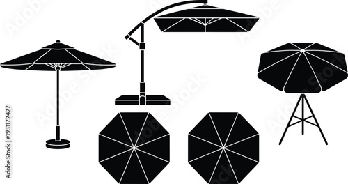 Beach and patio umbrella icons set with standing parasol garden sunshade outdoor furniture silhouette vector illustration