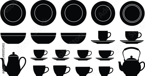 Black silhouette tableware set with plates, bowls, cups and teapots isolated vector illustration collection