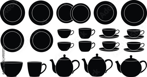 Black silhouette tea set collection with plates, cups and teapots isolated vector illustration on white background