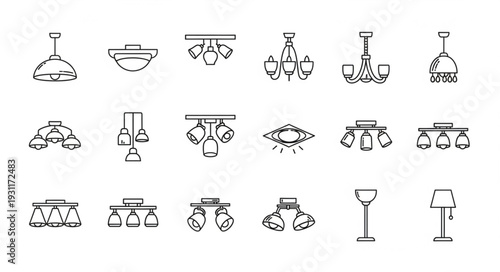 Collection of various ceiling and floor lighting fixtures.