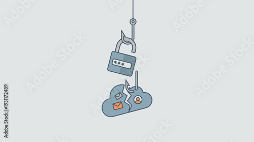 Cyber Security Phishing Scam Vector Illustration Featuring a Fishing Hook Catching a Password Padlock and Broken Cloud Storage for Identity Theft, Data Hacking, and Online Fraud Concept Design