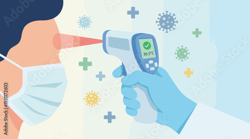 Medical Professional Hand Holding Infrared Thermometer Gun to Measure Body Temperature of Person Wearing Face Mask for Coronavirus COVID-19 Health Screening Prevention Flat Vector Illustration