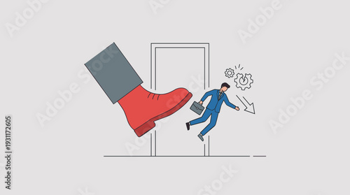 Businessman Being Kicked Out of a Door by a Giant Red Boot Representing Job Loss, Layoff, and Business Failure. Vector Illustration of Unemployment, Corporate Downsizing, and Economic Crisis.